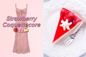 Pink lace dress with text "Strawberry Coquettecore" and strawberry and cake emojis. Adjacent image shows a slice of strawberry cheesecake on a white plate