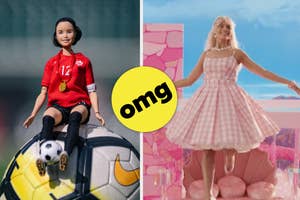 Left: Soccer doll wearing a red jersey with number 12, standing on a soccer ball. Right: Margot Robbie in a pink checkered dress, smiling in a Barbie-themed room. Text: "omg" in a yellow circle