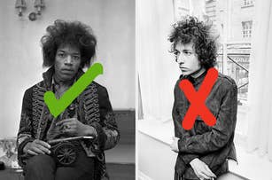 On the left, Jimi Hendrix in a military-style jacket holding a small object with a green checkmark. On the right, Bob Dylan in a casual shirt with a red X
