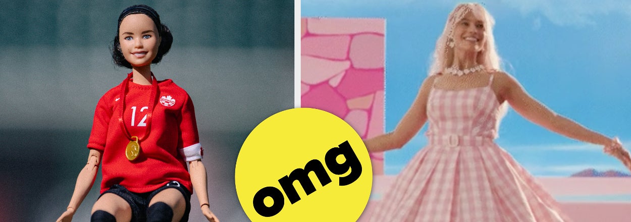 Left: Soccer doll wearing a red jersey with number 12, standing on a soccer ball. Right: Margot Robbie in a pink checkered dress, smiling in a Barbie-themed room. Text: "omg" in a yellow circle