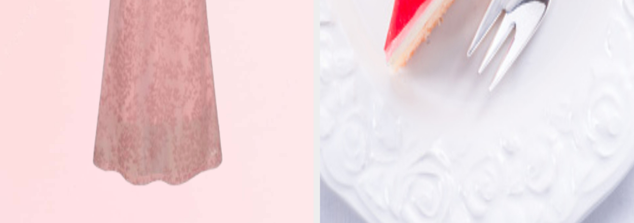 Pink lace dress with text "Strawberry Coquettecore" and strawberry and cake emojis. Adjacent image shows a slice of strawberry cheesecake on a white plate