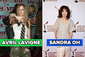 Avril Lavigne in a punk outfit points at the camera on the red carpet; Sandra Oh poses in a casual, loose-fitting dress at the Writers Guild Awards