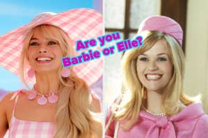 Margot Robbie on the left as Barbie wearing a sunhat and shell necklace. Reese Witherspoon on the right as Elle Woods smiling and wearing a pink outfit. Text: "Are you Barbie or Elle?"