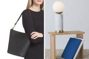 Woman holding a black leather handbag wearing a black top on left; on the right, a modern table lamp on a small wooden table with stacked books