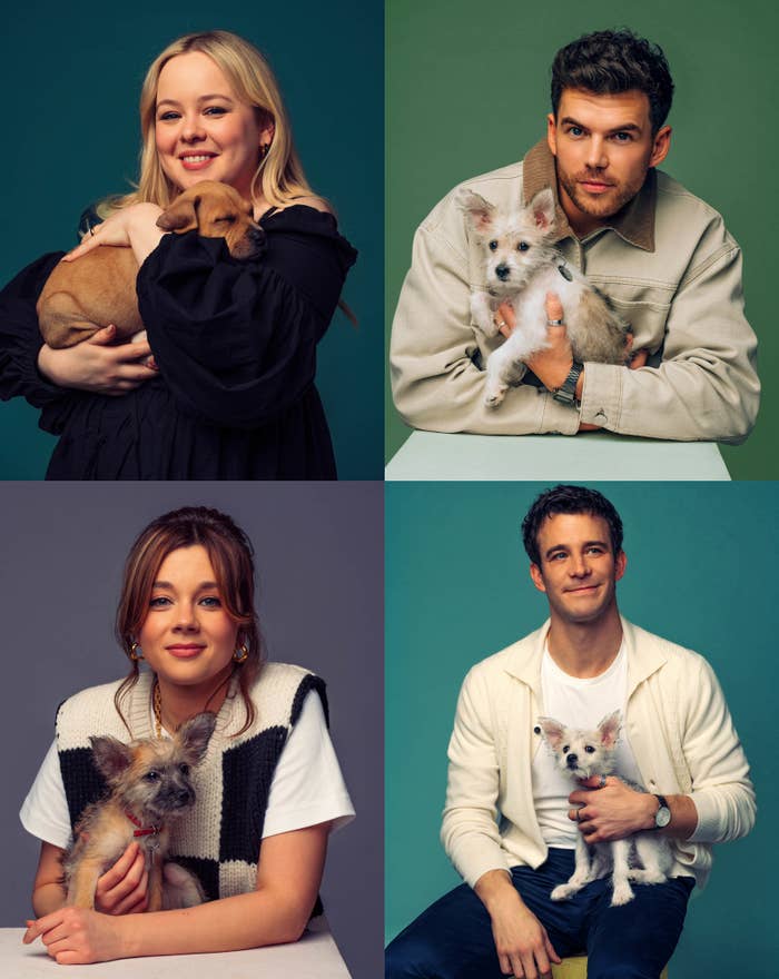 Nicola Coughlan, Luke Newton, Claudia Jessie, and Luke Thompson pose with puppies