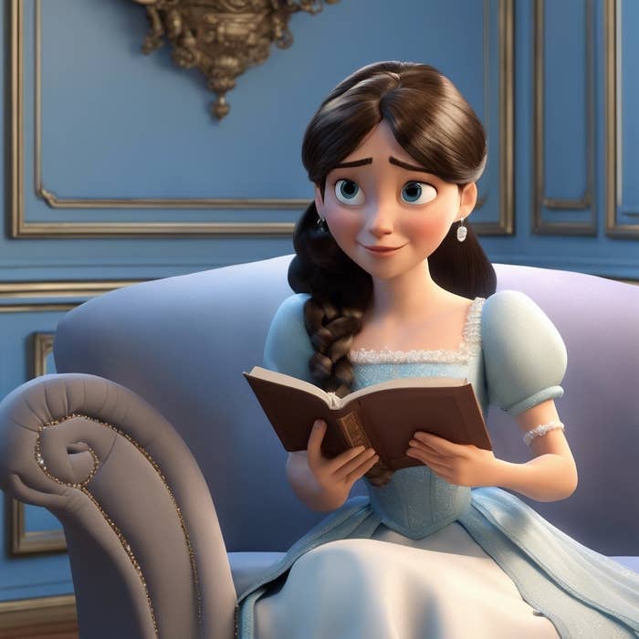 Eloise from "Bridgerton" in Pixar style sitting on a chair, reading a book in a luxurious room with ornate decor
