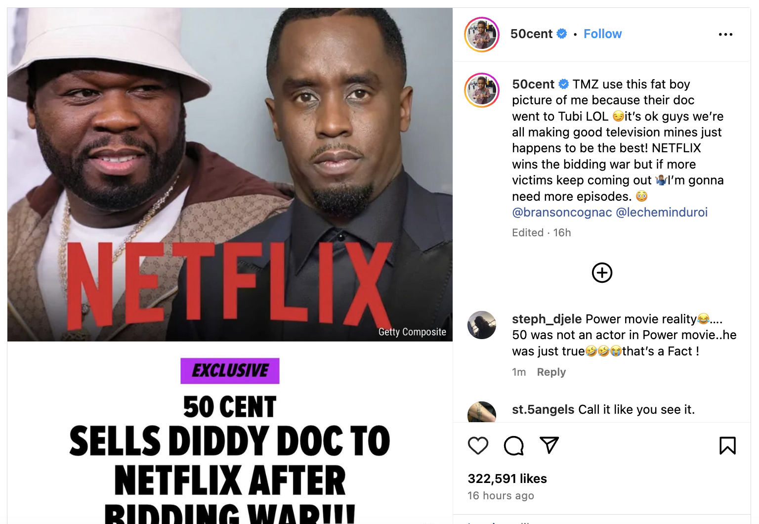50 Cent and Diddy in a Netflix deal image caption stating 50 Cent sells Diddy documentary to Netflix after a bidding war