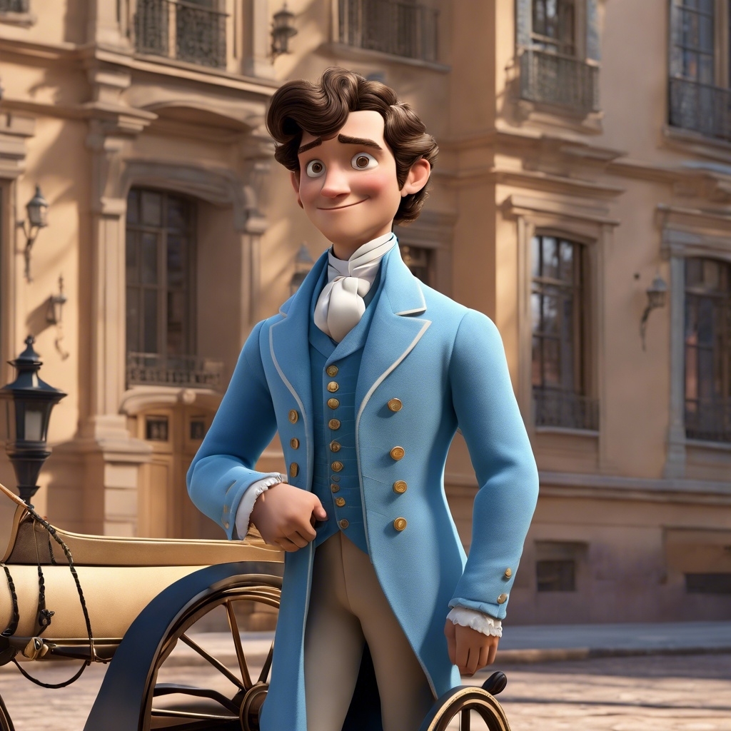 Colin Bridgerton in the style of Pixar, dressed in a formal suit with a cravat, stands confidently in front of a stately building and a horse-drawn carriage
