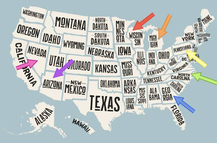 Map of the United States with brightly colored arrows pointing to Wisconsin, California, New Mexico, Missouri, and Georgia