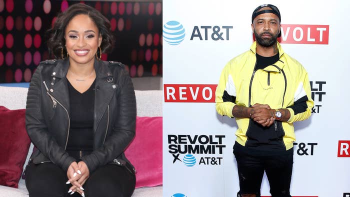 Nancy Redd in a black jacket sits on a couch, and Joe Budden at Revolt Summit wearing a black T-shirt with a yellow windbreaker