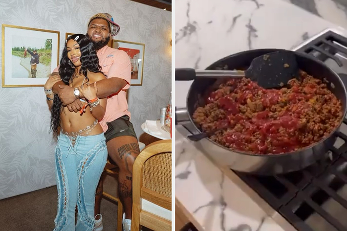 Rapper JT and her partner Uzi Vert are posing indoors; she wears a bejeweled crop top and patched jeans, while he wears a casual outfit. Pot with ground beef