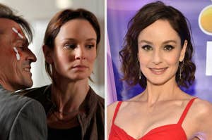 Split image showing two photos of Sarah Wayne Callies: on the left, in an intense scene from a show; on the right, posing on the red carpet in a sleeveless dress
