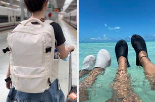 Person with backpack and suitcase in train station on left; multiple feet in water on right