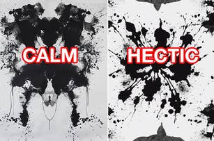 Left inkblot image labeled "CALM." Right inkblot image labeled "HECTIC."