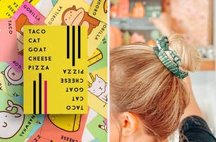 Left: Taco Cat Goat Cheese Pizza card game. Right: reviewer wearing green towel-drying scrunchie