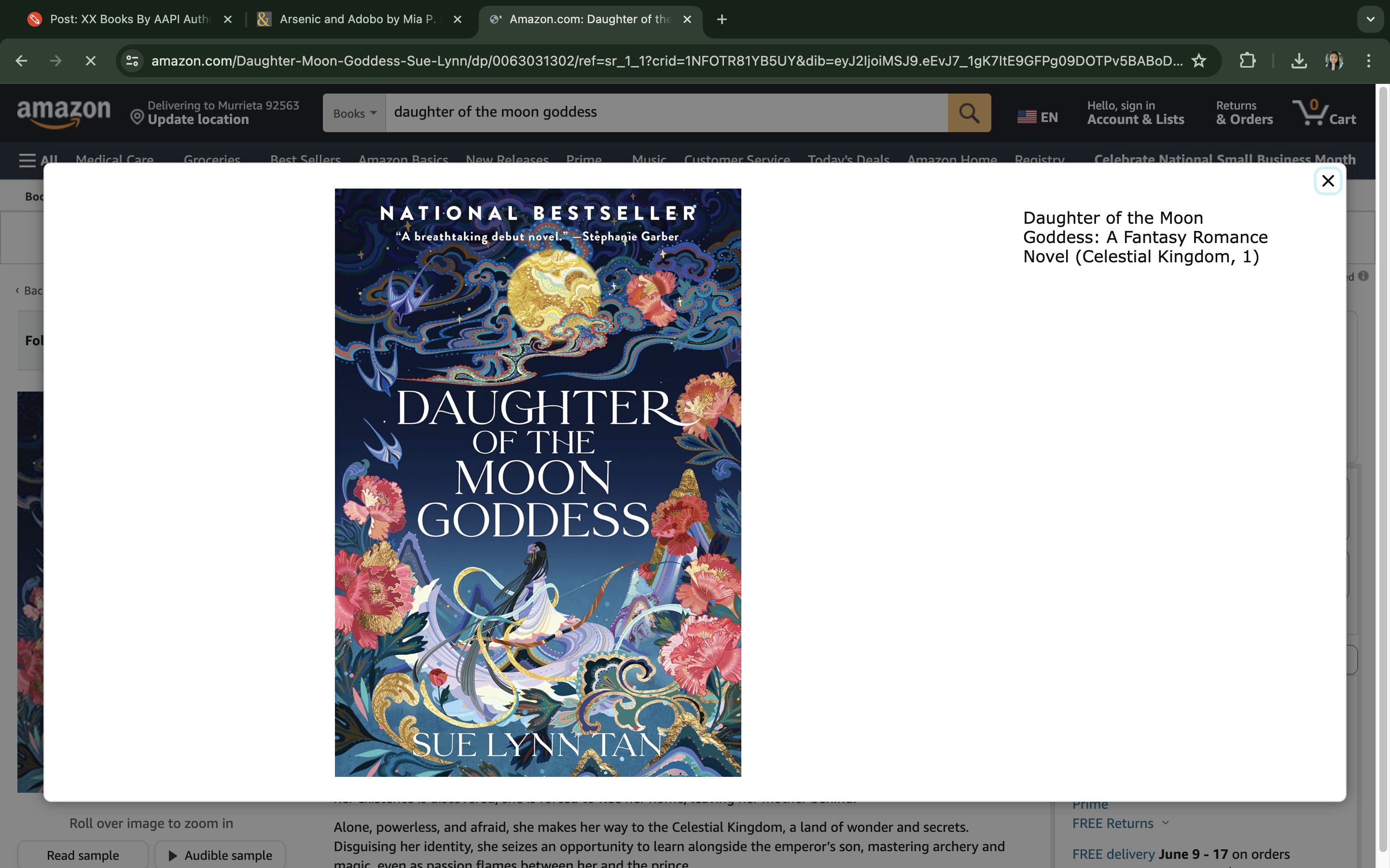 Screenshot of the Amazon webpage for the book "Daughter of the Moon Goddess: A Fantasy Romance Novel (Celestial Kingdom, 1)" by Sue Lynn Tan