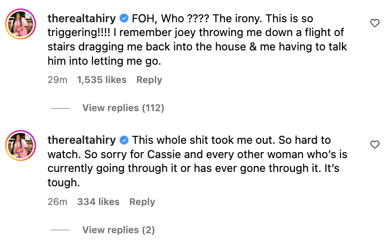 theerealtahiry&#x27;s Instagram post recounts a past abusive experience involving Joe, feeling triggered by it, and expresses sympathy for Cassie and other abuse survivors
