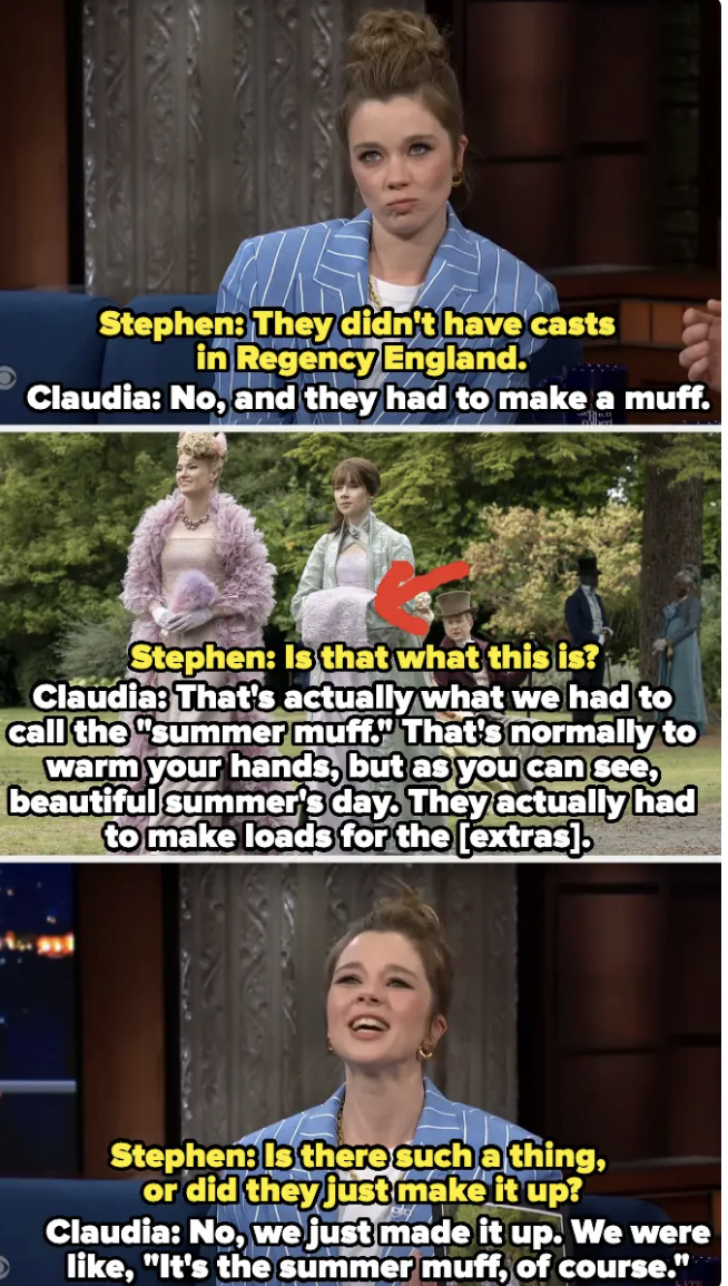 Stephen and Claudia joke about historical muffs on a TV show, discussing their invention as warm hand accessories in place of summer casts