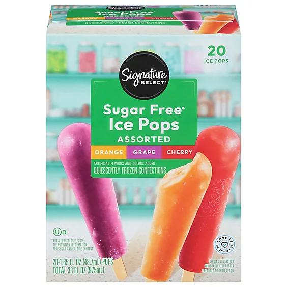 Signature Select Assorted Sugar Free Ice Pops box featuring images of orange, grape, and cherry pops; package contains 20 assorted ice pops