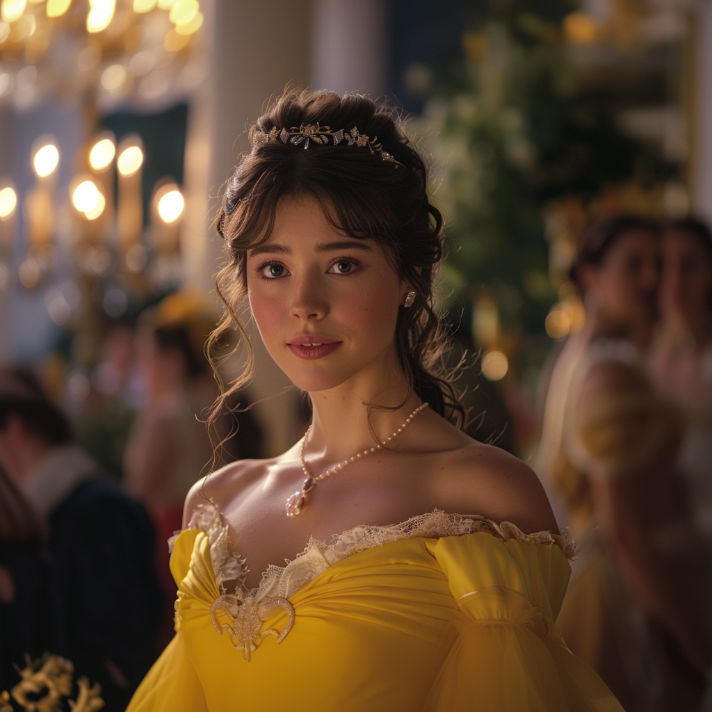 A woman with wavy hair in an elegant off-shoulder gown and pearl jewelry stands at a formal event, surrounded by chandeliers and guests