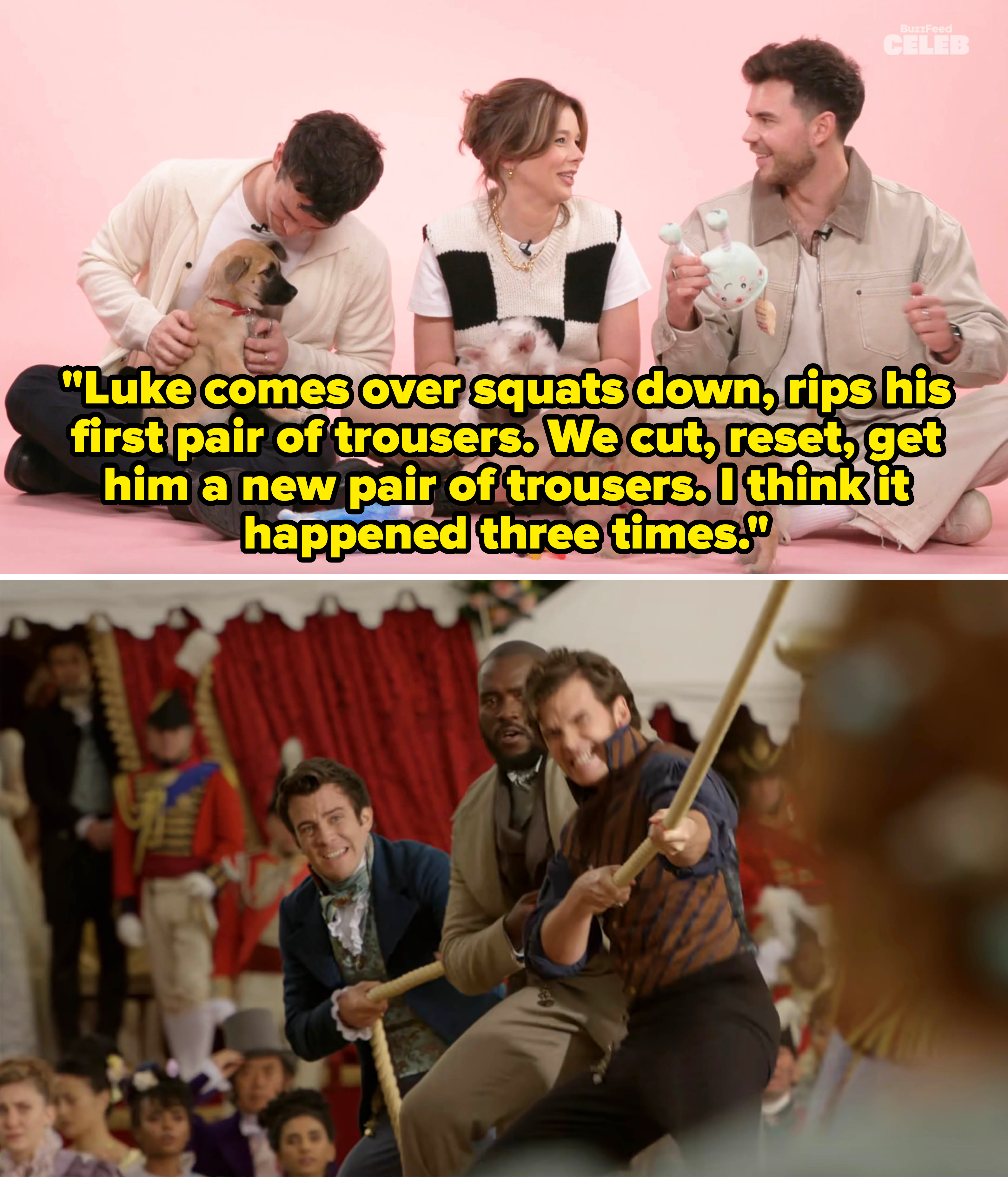 Luke Newton telling a story about Luke Thompson ripping his pants three times while filming a scene in Bridgerton