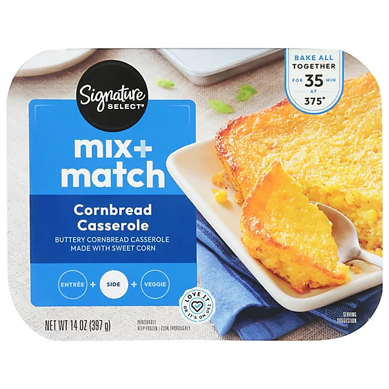 Frozen cornbread casserole by Signature Select; image shows product packaging with a baked cornbread casserole on a plate and preparation instructions