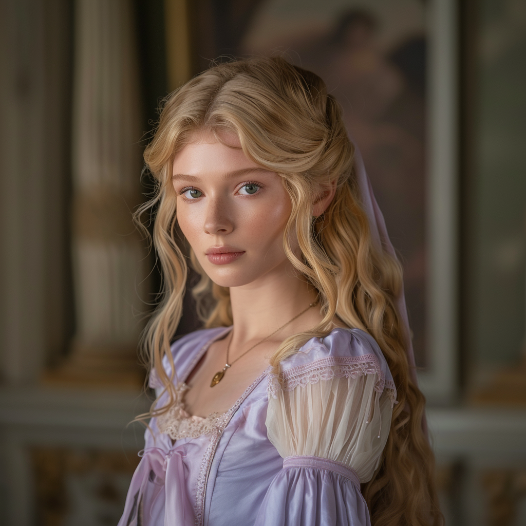 Elegantly dressed in a period costume, a woman with long wavy hair stands in an ornate room, gazing directly at the camera
