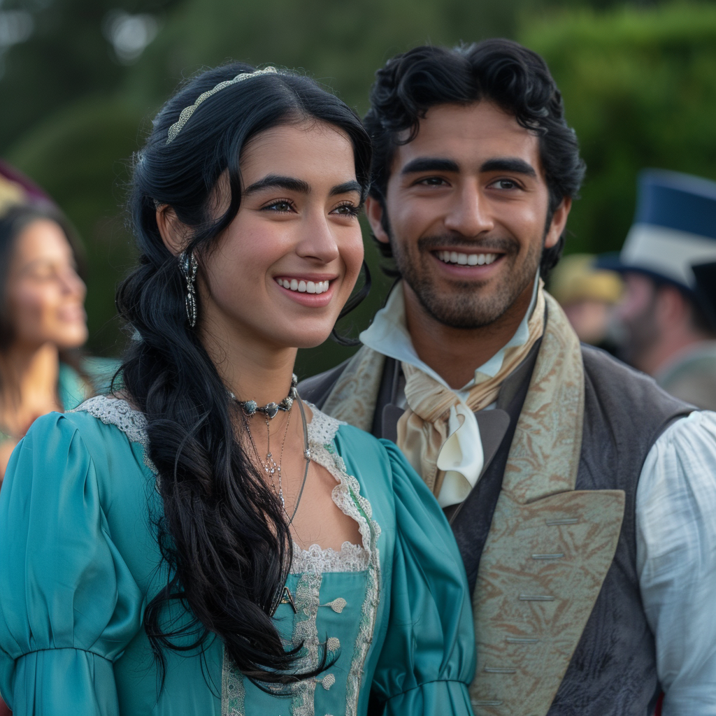 Actors in period costumes smile on what appears to be a film set