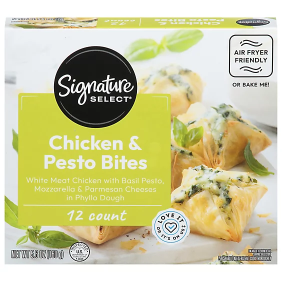 Signature Select Chicken & Pesto Bites packaging, featuring an image of the bites, two cooking methods (air fryer or bake), 12 count, and cheese ingredients