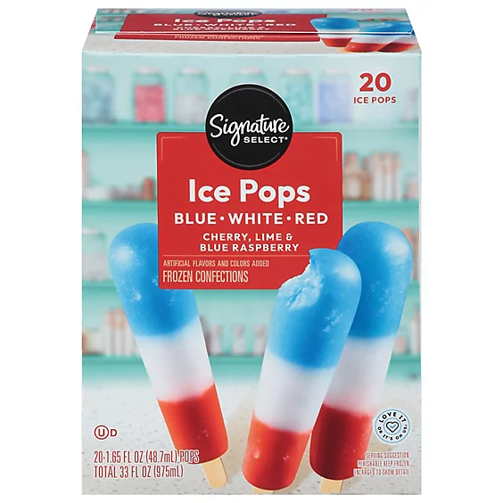 Box of Signature Select Ice Pops in blue, white, and red flavors: cherry, lime, and blue raspberry; contains 20 pops