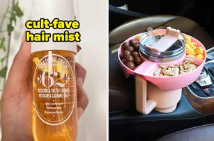 Left: Person holding a bottle of hair mist, Right: Car snack tray with food