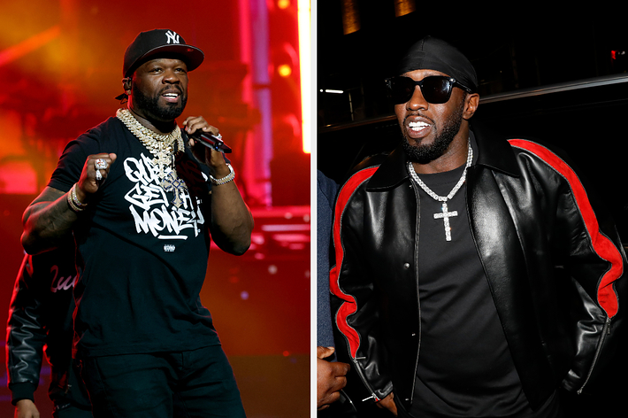 50 Cent performs on stage, wearing a black shirt and multiple gold chains. Diddy smiles, wearing a black leather jacket with red accents, a black shirt, and sunglasses