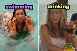 Kim Kardashian is swimming in a pool on the left, and Jennifer Aniston is drinking from a tropical cup at the beach on the right