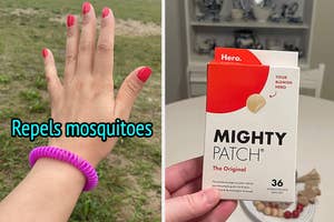 On the left, a hand with pink nails and a purple hair tie. On the right, a hand holding a box of Mighty Patch for blemishes