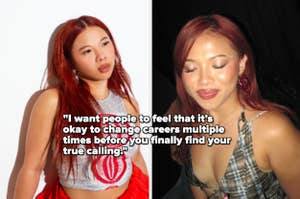 Double image of a woman with long hair, wearing a red outfit on the left and a patterned top on the right. Caption reads: "I want people to feel that it's okay to change careers multiple times before you finally find your true calling."