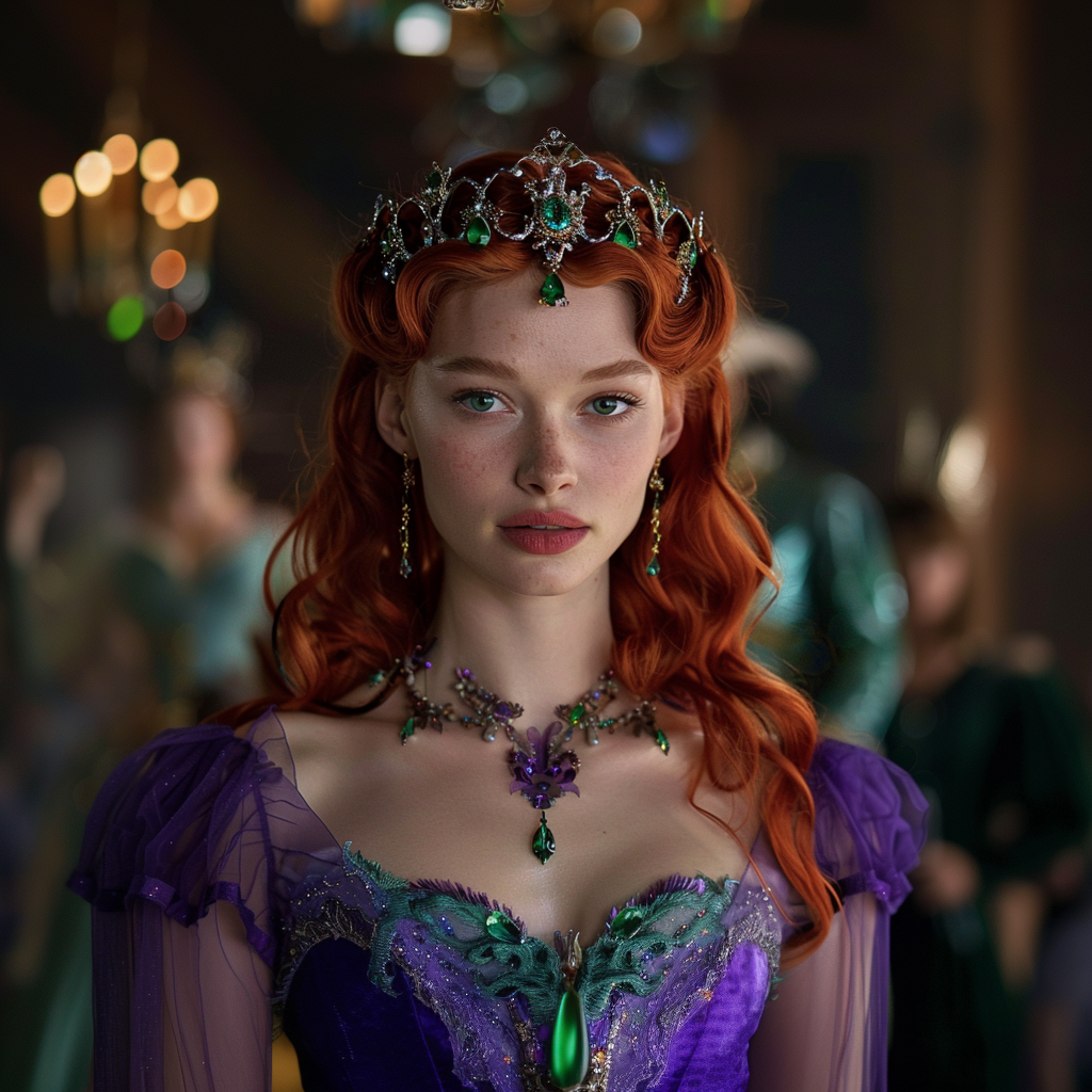 Woman with long red hair wearing a jeweled tiara, ornate necklace, and a detailed gown. Background has blurred figures and chandeliers, giving a royal ambiance