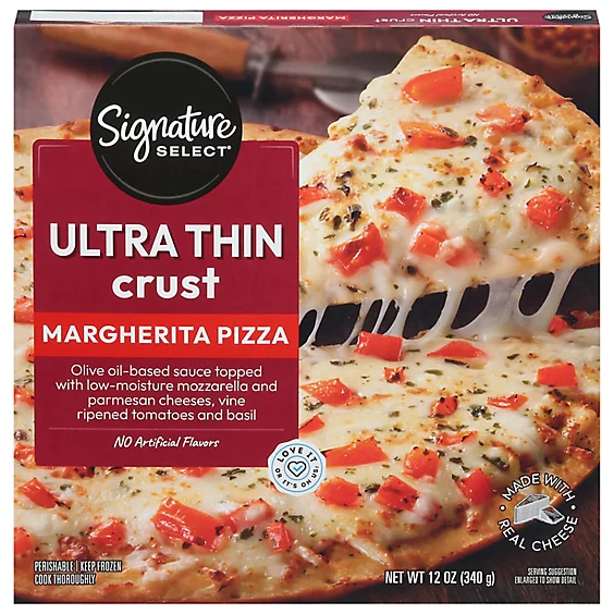Signature Select Ultra Thin Crust Margherita Pizza box; topped with mozzarella, Parmesan, tomatoes, and basil