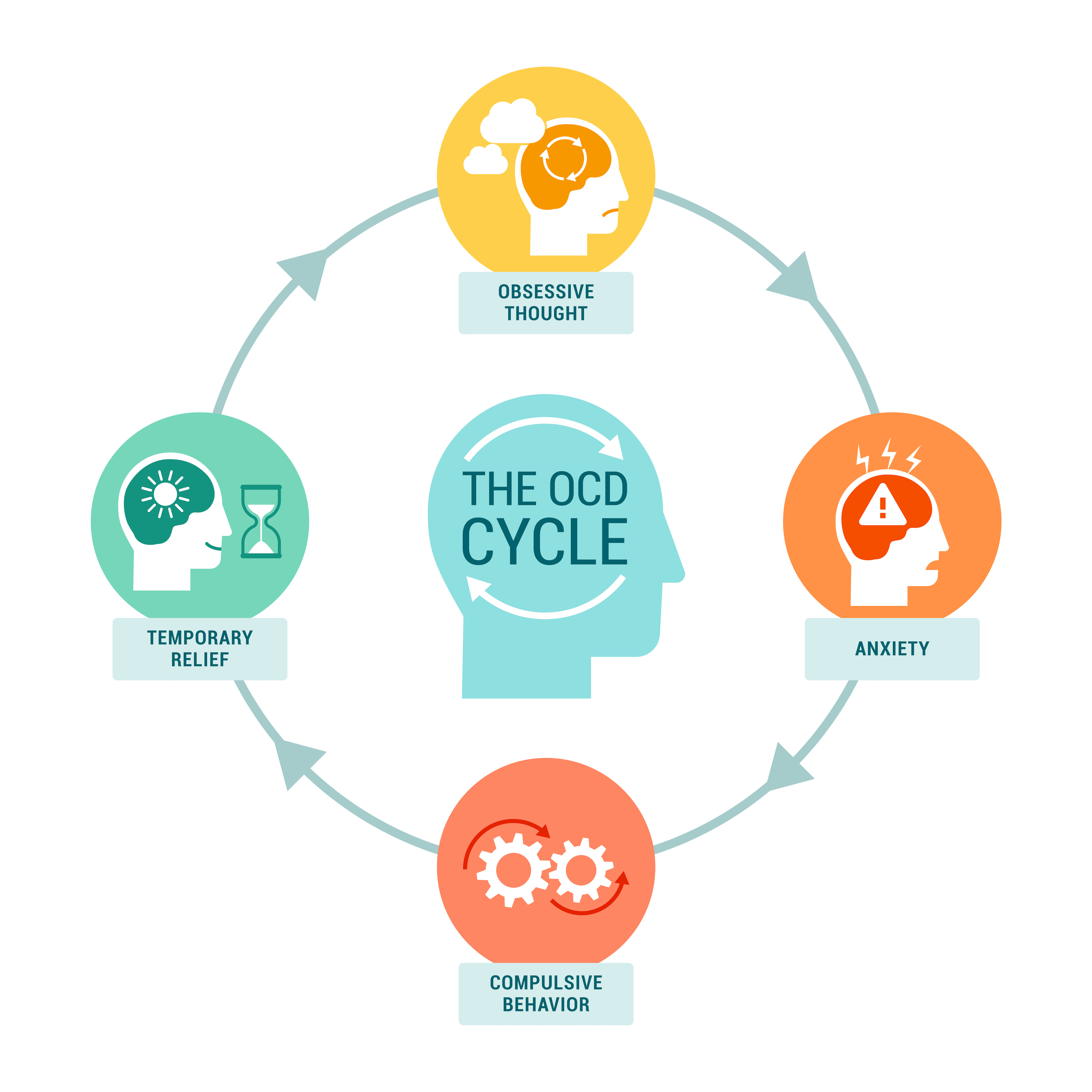 Diagram illustrating the OCD cycle: Obsessive Thought, Anxiety, Compulsive Behavior, and Temporary Relief, depicted with icons in a circular flow
