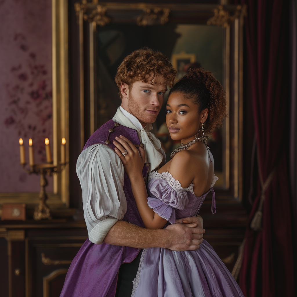 The image shows two people in period costumes, with the man wearing a white shirt and purple vest, and the woman in a lavender dress, posing in an elegant room