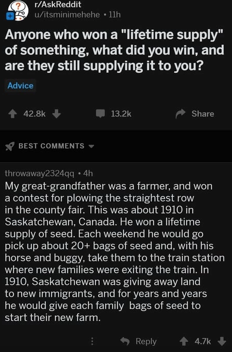 Reddit post with the question "Anyone who won a 'lifetime supply' of something, what did you win, and are they still supplying it to you?" A user shares a story about their great-grandfather winning a lifetime supply of seed in 1910