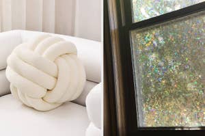 A decorative knot pillow on a sofa next to a window with a sparkling privacy film