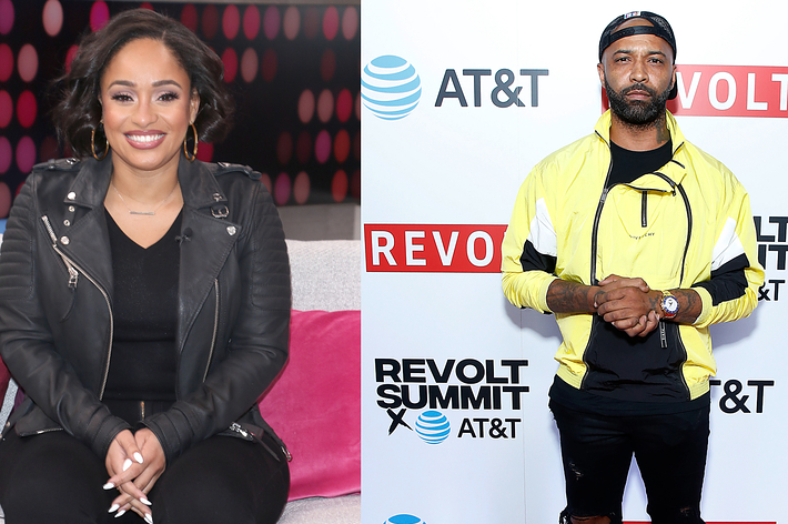 Nancy Redd in a black jacket sits on a couch, and Joe Budden at Revolt Summit wearing a black T-shirt with a yellow windbreaker