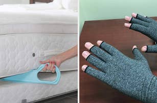 A split image showing a person using a mattress sifter on the left, and another wearing arthritis compression gloves on the right