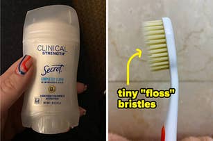 a hand holding a clinical strength secret deodorant; a flossing toothbrush with text that reads tiny floss bristles