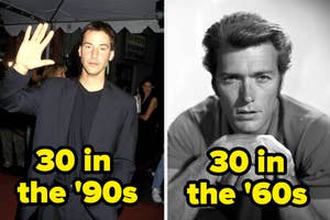 Left: Keanu Reeves on a red carpet waving. Right: Black and white photo of Clint Eastwood with chin on hands. Text: "30 in the '90s," "30 in the '60s."