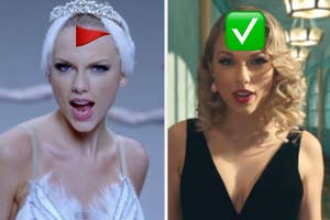 Taylor Swift from two different music videos. Left: Dressed in a swan costume with a red flag. Right: Wearing a glamorous black dress with a green checkmark