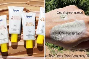 Supergoop! Glow Screen SPF 40 tubes displayed against a textured background. Close-up of hand with sunscreen application comparison: one drop spread vs. one drop not spread