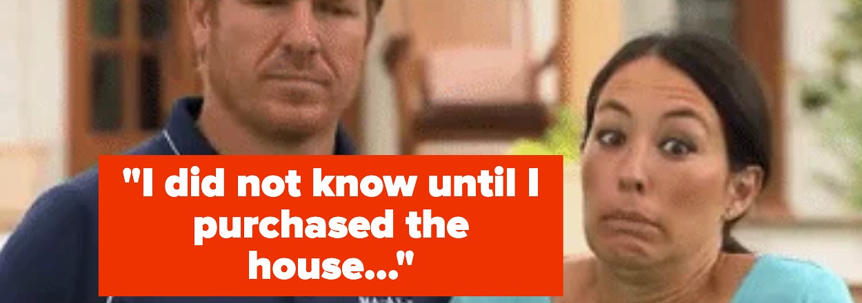 Chip Gaines and Joanna Gaines in front of a house, with a text overlay that reads, "I did not know until I purchased the house..."