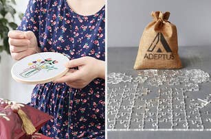 A person in a floral dress works on an embroidery piece. Next to them is a burlap bag labeled "ADEPTUS" with clear puzzle pieces scattered around