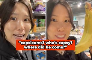 Two images show a person in a grocery store making humorous expressions. Text reads: "capsicums? who's capsy? where did he come?"